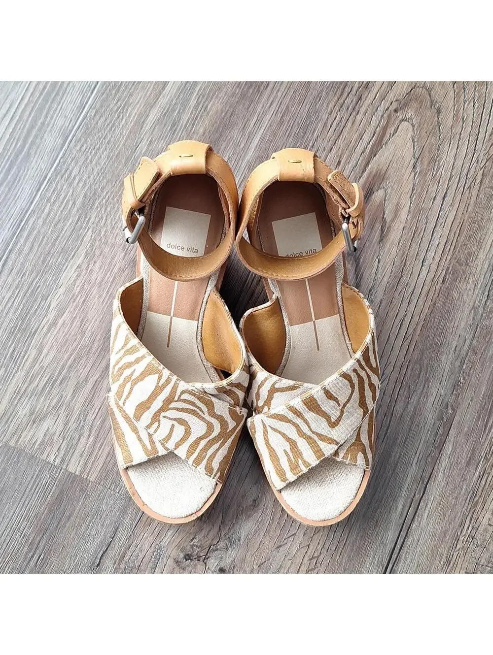 Dolce Vita Brown Zebra Print Ankle Strap Open Toe Wedge Heel Size 8